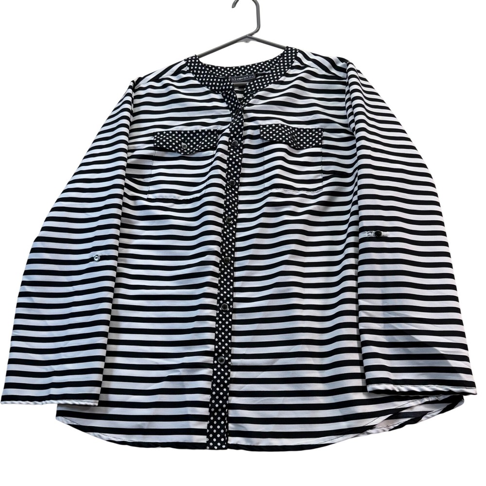 Elementz Blouse Women L Black White Striped Polka Dot Roll Tab Button Up Top
